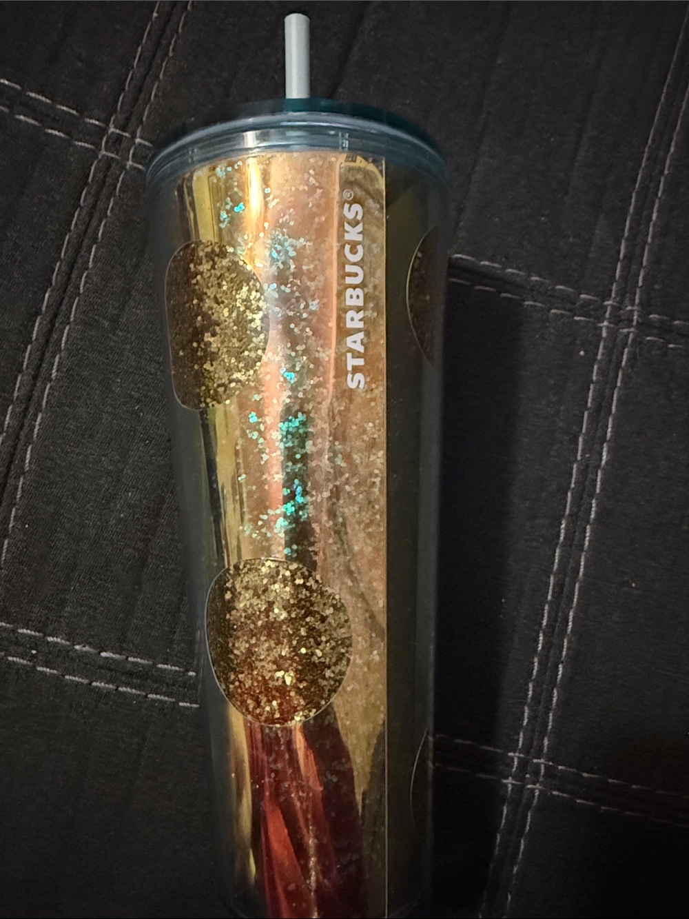 Starbucks 24oz Gold Glitter Dot Tumbler with Teal Lid and Straw